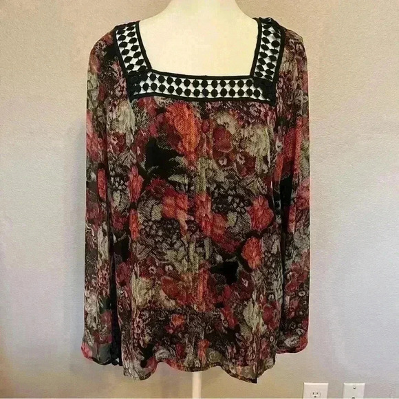 American Glamour Badgley Mischka Black Floral Long Sleeve Blouse Size Large - Picture 1 of 13